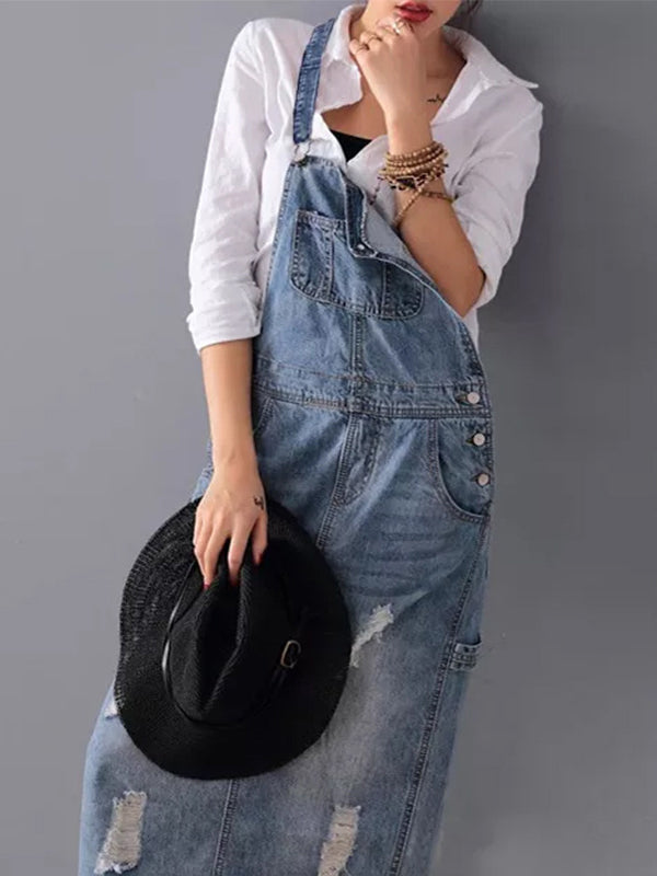 Hannah™ - Denim Dungaree Dress with Back Split