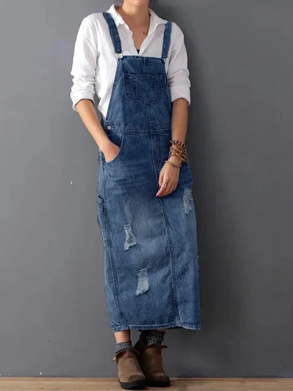 Hannah™ - Denim Dungaree Dress with Back Split