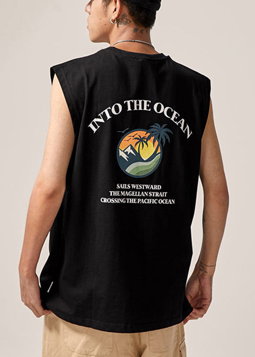 Black Letter Print Cotton Sleeveles Men Tank O Neck