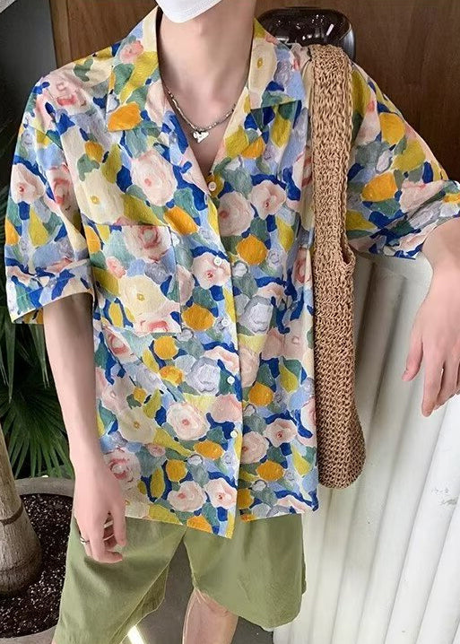 Chic Floral Button Cotton Men Shirts Peter Pan Collar Summer