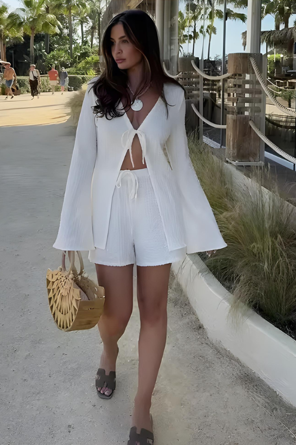 Abigail™- Flared Sleeve Lace Up Shirt and Shorts Set