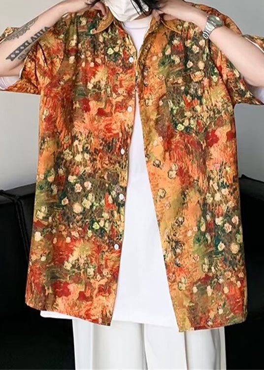 Stylish Orange Print Pockets Ice Silk Shirts Mens Half Sleeve