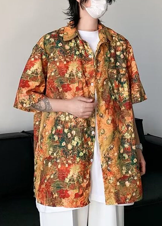 Stylish Orange Print Pockets Ice Silk Shirts Mens Half Sleeve