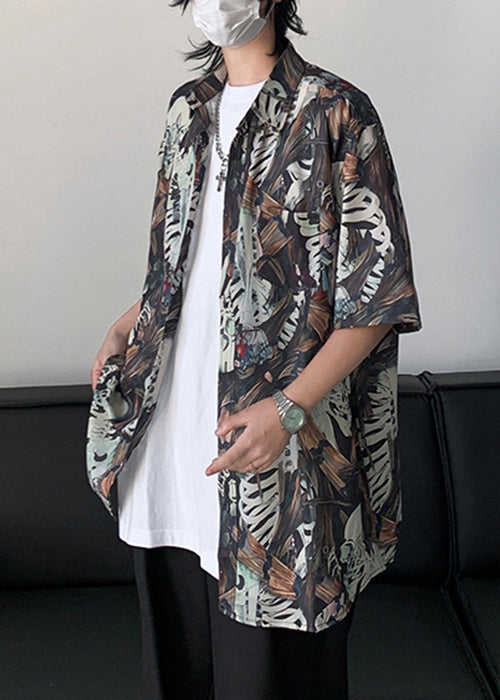 Stylish Peter Pan Collar Print Pockets Cotton Shirts Mens Half Sleeve