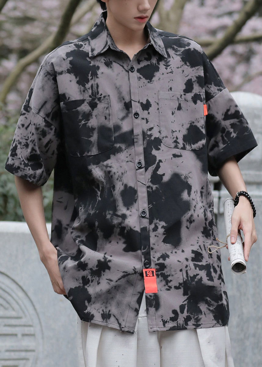 Vintage Black Tie Dye Pockets Ice Silk Men Shirts Summer