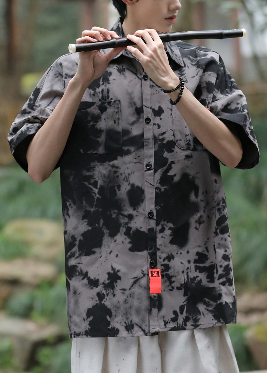 Vintage Black Tie Dye Pockets Ice Silk Men Shirts Summer