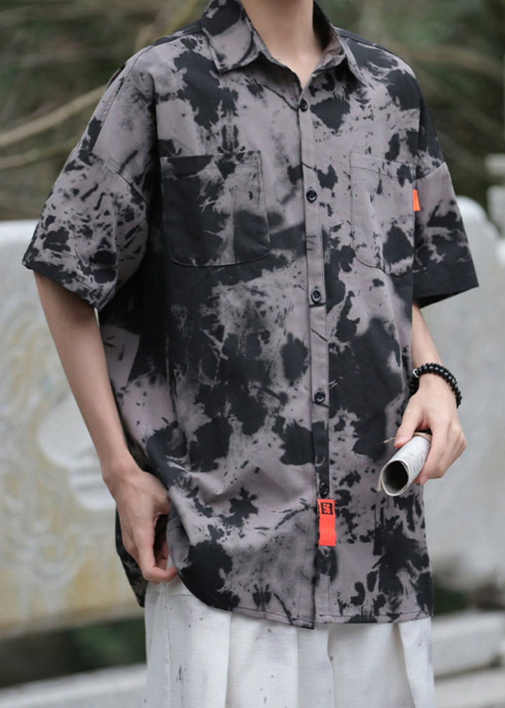 Vintage Black Tie Dye Pockets Ice Silk Men Shirts Summer